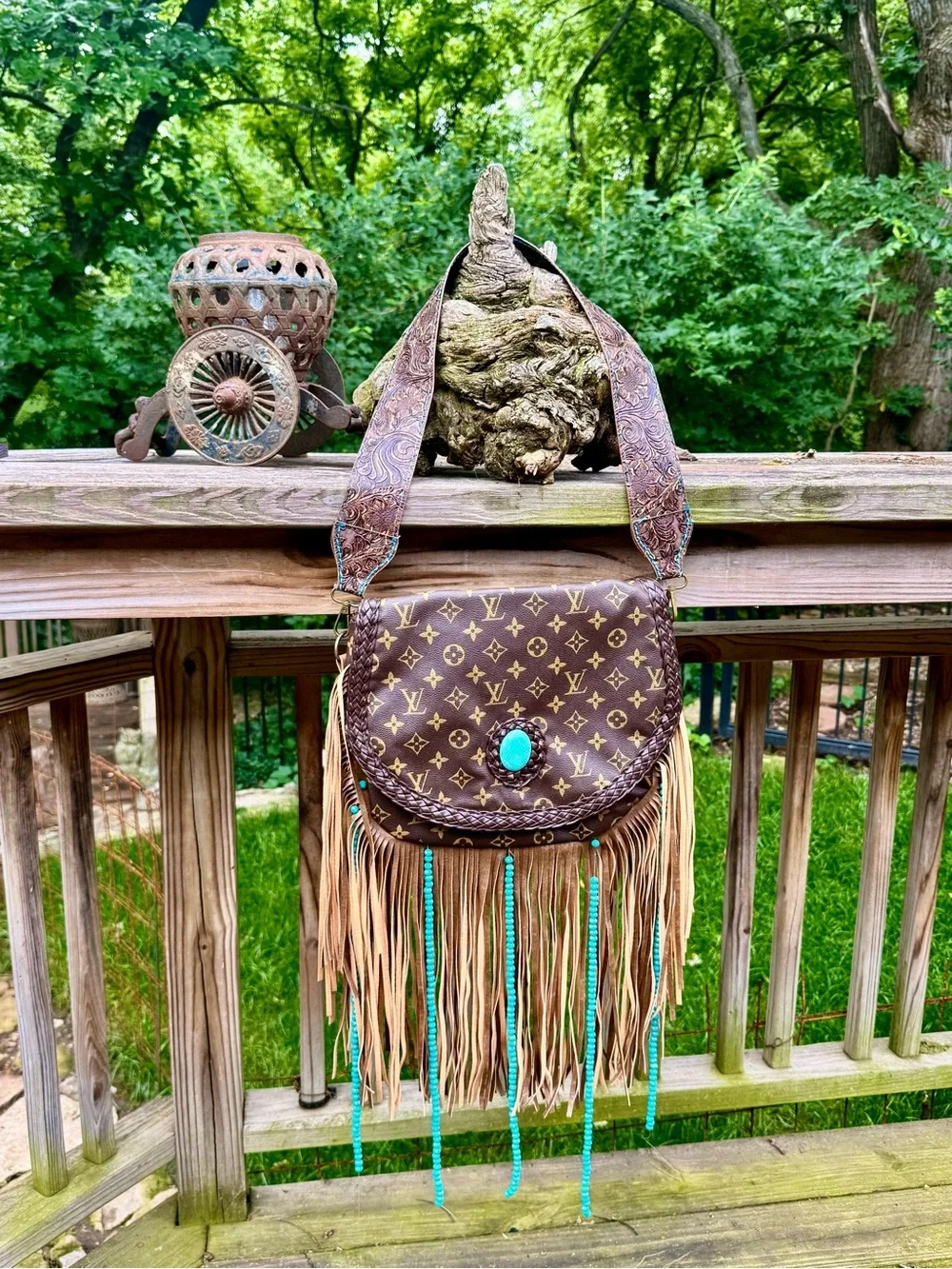 Monogram Fringe Shoulder Bag with Turquoise Accent - Picture 2 of 5